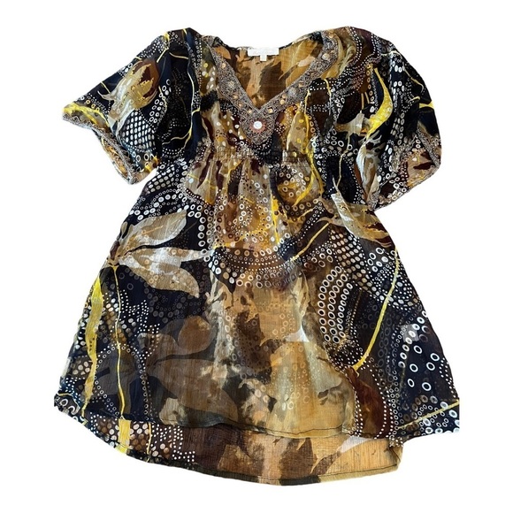 Solitaire, Sheer Beaded Tunic Brown & Gold, L, Like New - Picture 6 of 12